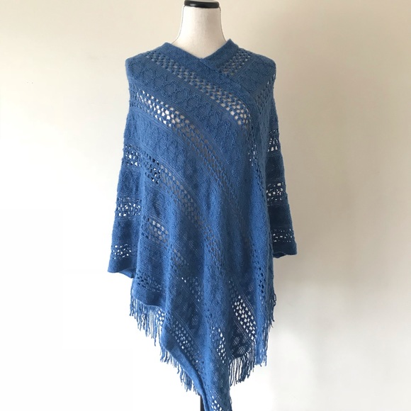 Sweaters - Blue knit poncho with fringe bottom detail